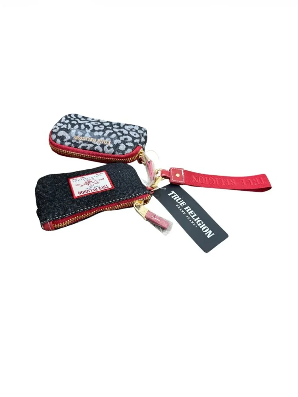 NWT True Religion Wristlet Keychain Card Set Leopard Denim Red